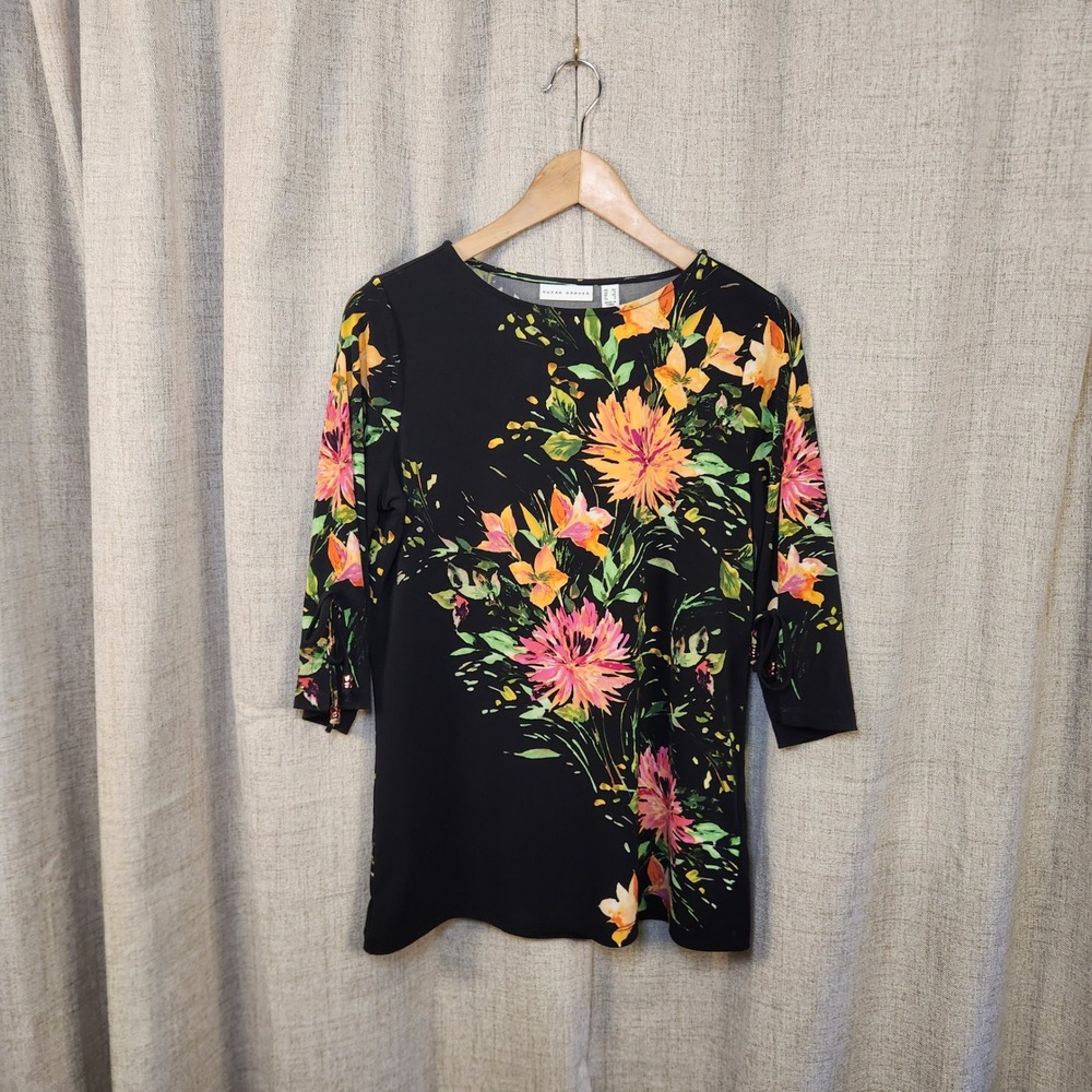Susan Graver Pullover Blouse Women's XS Floral 3/4 Sleeve Bead Tie Round Neck